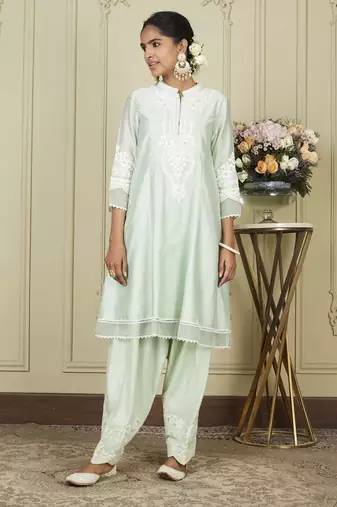Ruzena frosty green a-line short kurta with salwar and dupatta set
