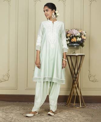Ruzena frosty green a-line short kurta with salwar and dupatta set 5