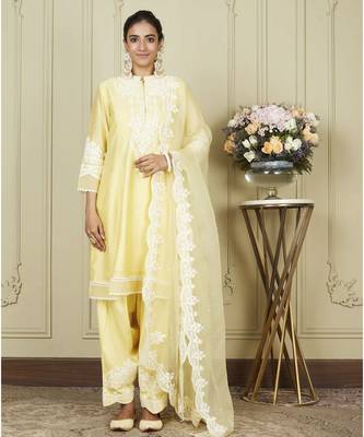 Ruzena lemon yellow a-line short kurta with salwar and dupatta set 1