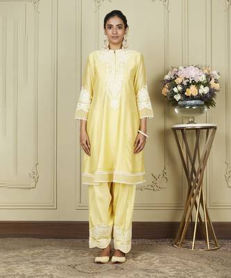Ruzena lemon yellow a-line short kurta with salwar and dupatta set 4