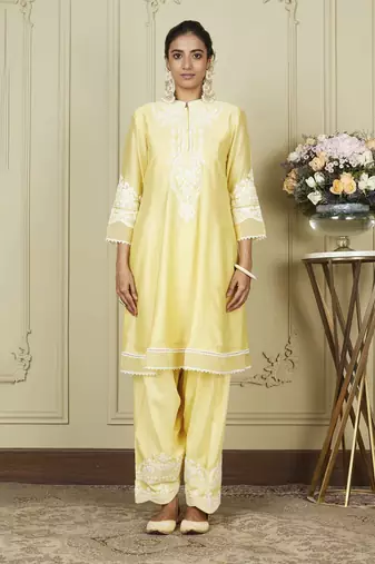 Ruzena lemon yellow a-line short kurta with salwar and dupatta set