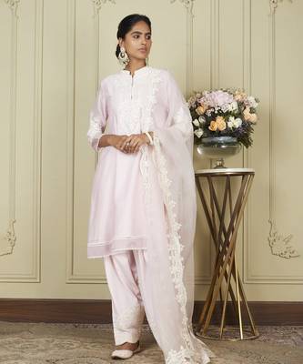 Ruzena pearl blush a-line short kurta with salwar and dupatta set 1