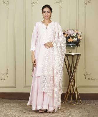 Nargis pearl blush short kurta with garara and dupatta set 1