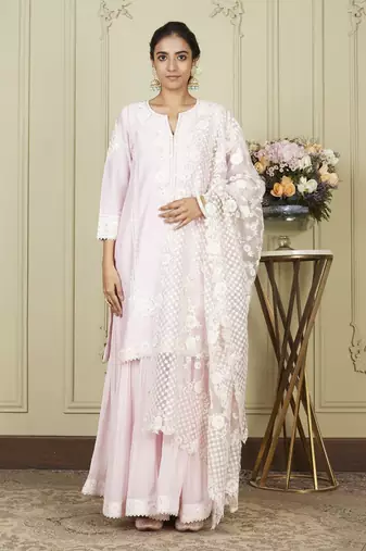Nargis pearl blush short kurta with garara and dupatta set