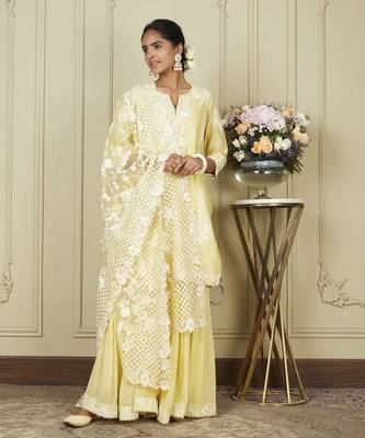 Nargis lemon yellow short kurta with garara and dupatta set 1
