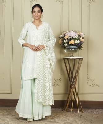 Nargis frosty green short kurta with garara and dupatta set 1