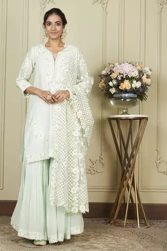 Nargis frosty green short kurta with garara and dupatta set