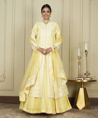 Zahria Lemon Yellow Jacket, Lehenga With Blouse And Dupatta Set 1
