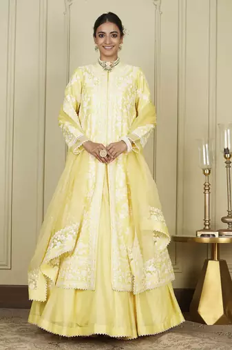 Zahria Lemon Yellow Jacket, Lehenga With Blouse And Dupatta Set