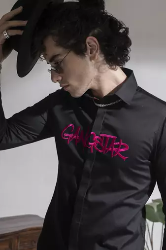 Men   s black printed cotton shirt
