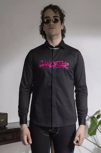 Men   s black printed cotton shirt