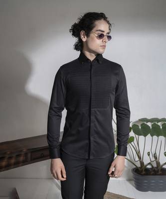 Black plain cotton men's shirt with intricate design of pin tucks 1