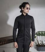 Black plain cotton men's shirt with intricate design of pin tucks