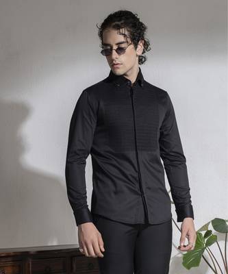 Black plain cotton men's shirt with intricate design of pin tucks 2