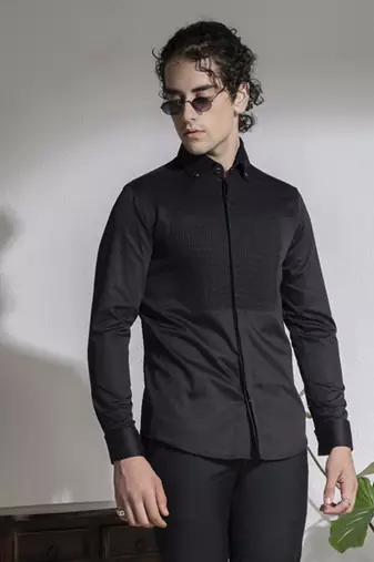 Black plain cotton men's shirt with intricate design of pin tucks
