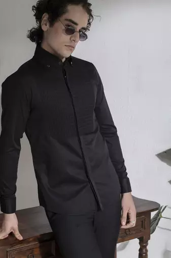 Black plain cotton men's shirt with intricate design of pin tucks
