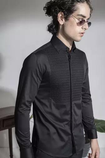 Black plain cotton men's shirt with intricate design of pin tucks