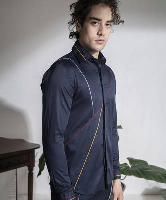 Men   s blue plain cotton shirt 2