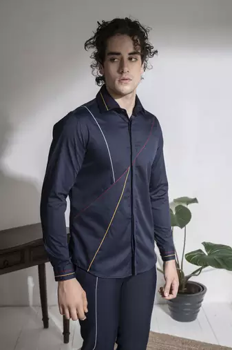 Men   s blue plain cotton shirt