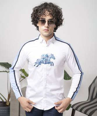 White printed cotton men's shirt with blue stripes 1