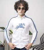 White printed cotton men's shirt with blue stripes