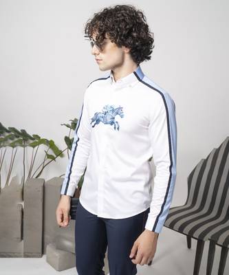 White printed cotton men's shirt with blue stripes 2