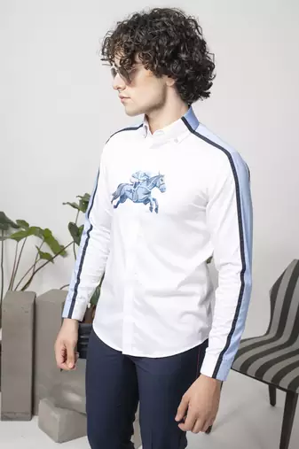 White printed cotton men's shirt with blue stripes