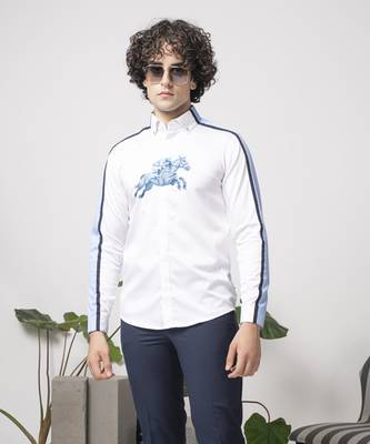 White printed cotton men's shirt with blue stripes 4