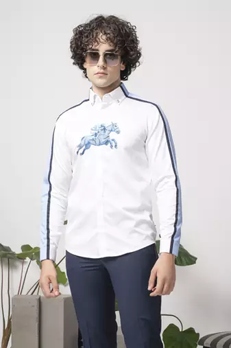 White printed cotton men's shirt with blue stripes