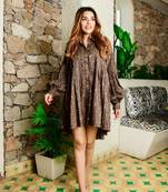 Brown viscose rayon printed brown shirt dress