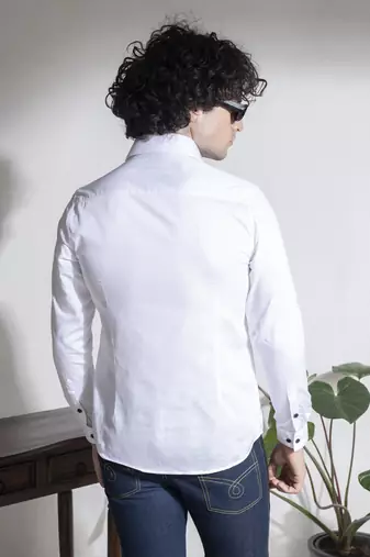 White plain cotton men's shirt with black buttons