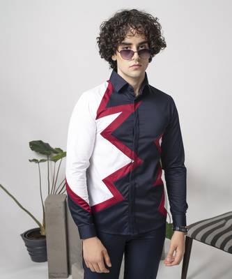 Blue plain color blocked cotton men's shirt 1