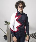 Blue plain color blocked cotton men's shirt