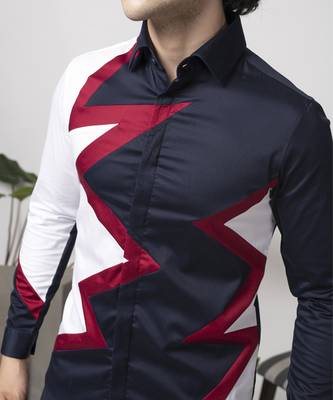 Blue plain color blocked cotton men's shirt 4