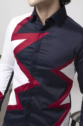 Blue plain color blocked cotton men's shirt