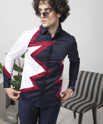 Blue plain color blocked cotton men's shirt 5