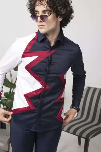 Blue plain color blocked cotton men's shirt