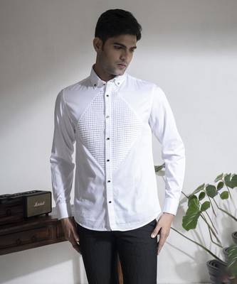 White plain cotton men's shirt with french cuffs and metal buttons. 1