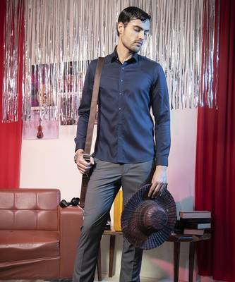 Blue plain cotton chic textured men's shirt 1