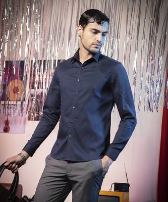 Blue plain cotton chic textured men's shirt 2