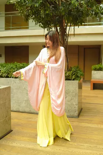 Pink poly georgette solid mohi kaftaan set
