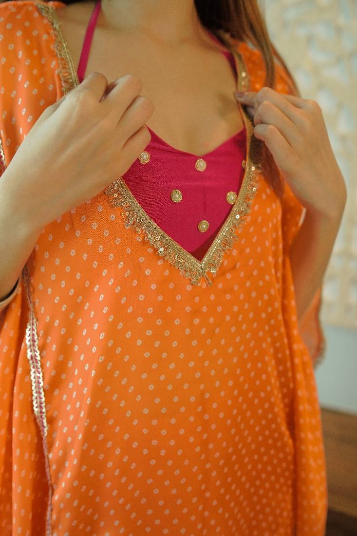 Orange silk blend solid neermohi kaftaan set