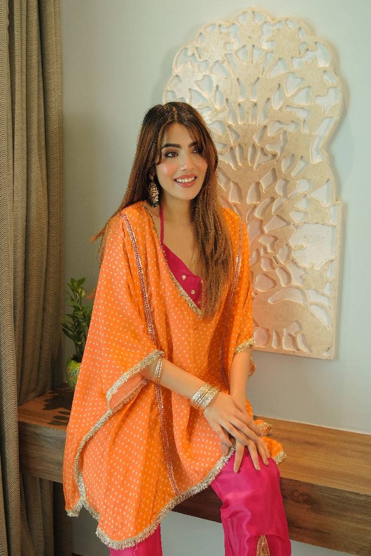 Orange silk blend solid neermohi kaftaan set
