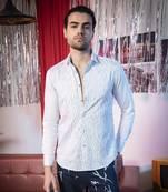 Blue plain cotton men's shirt with abstract sea wave pattern