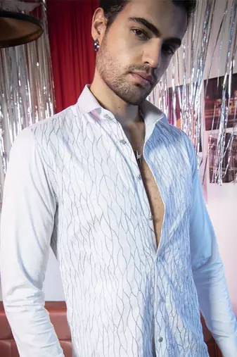 Blue plain cotton men's shirt with abstract sea wave pattern