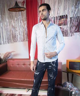 Blue plain cotton men's shirt with abstract sea wave pattern 5