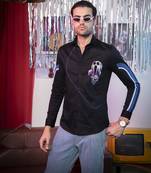 Black plain cotton men's shirt with bright blue piping