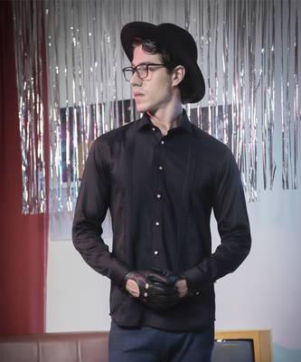 Black plain cotton men's shirt with fancy buttons and angled cuffs 1