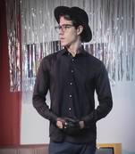 Black plain cotton men's shirt with fancy buttons and angled cuffs
