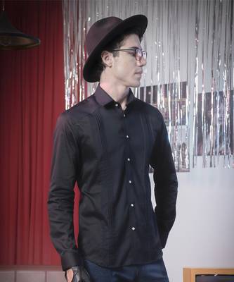 Black plain cotton men's shirt with fancy buttons and angled cuffs 4